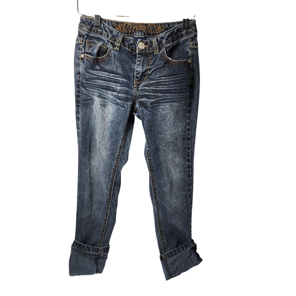Squeeze Jeans Women Dark‎ Wash Distressed Cuffed Cropped Denim Pants Size 10